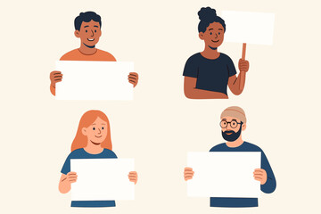 Group of diverse people holding blank signs. Man and woman with empty posters for protest or announcement. Vector cartoon characters with banners for your text. Copy space.