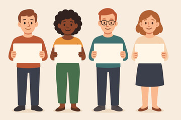 Group of diverse people holding blank signs. Vector cartoon characters with empty placards for text. Men and women together for announcement, protest, or opinion. Teamwork concept.