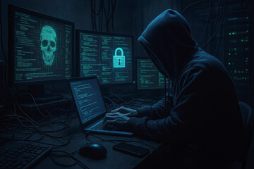 Hacker typing on laptop surrounded by glowing computer screens displaying code and symbols