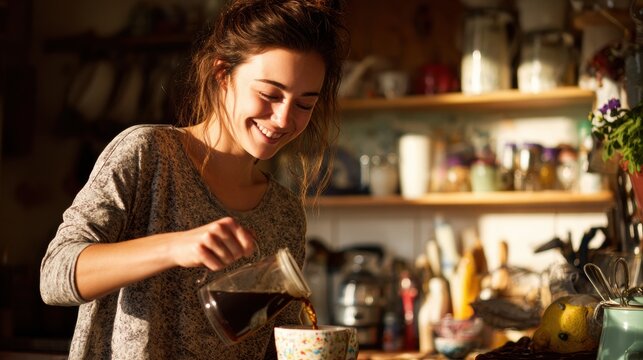 Young smiling woman pouring coffee into ceramic cup with morning sunlight illuminating kitchen.