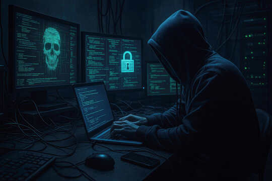 Hacker typing on laptop surrounded by glowing computer screens displaying code and symbols