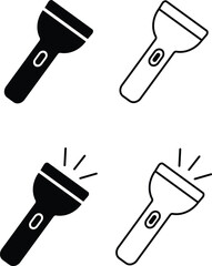 Hand torch flashlight set, black vector collection of electric lantern group in flat and line style, portable light, battery lamp, emergency beam outline, glowing tool icon bundle