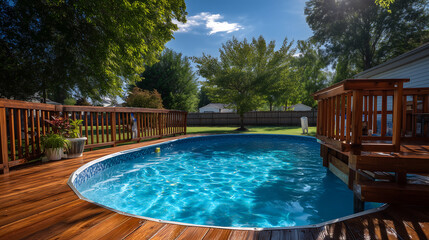Backyard above-ground pool with wooden deck
