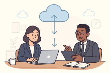Cloud computing business concept. Teamwork and collaboration in the office. Colleagues sharing data via the cloud. Online storage and workflow. Data transfer. Man and woman.