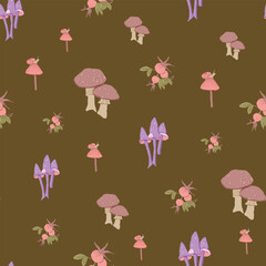 Whimsical Forest Seamless Vector Pattern with Mushrooms, Leaves and Woodland Animals