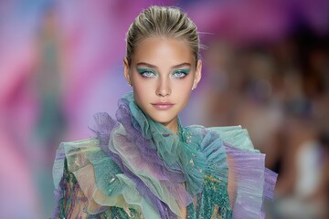 Stunning fashion model with vibrant teal eye makeup and elaborate couture gown