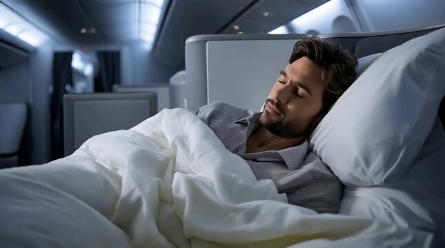 Serene Flight: A man enjoys a moment of tranquility in an airplane's business class cabin, enveloped in the comfort of a cozy blanket and pillow.