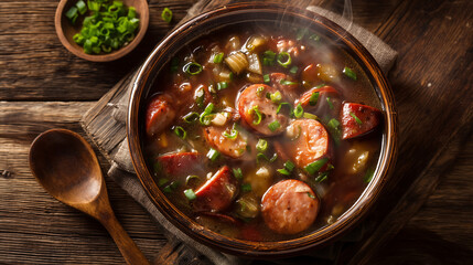 Chicken and sausage gumbo in ceramic bowl
