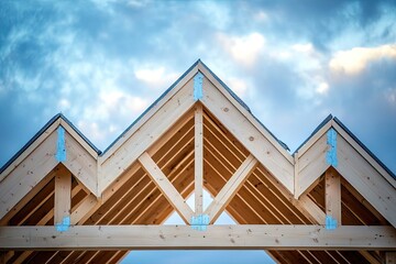 Obraz premium Wooden roof structure under construction against a cloudy sky.