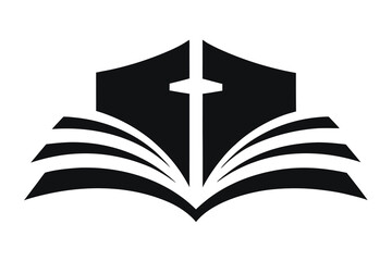 Open Book with Cross Silhouette Emblem Faith and Knowledge Symbol Christian Education Resource Graphic Design Icon and Logo