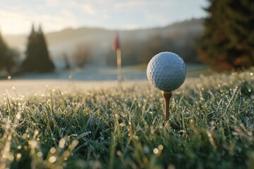 A golf ball on a tee with morning dew covering the grass on a golf course.