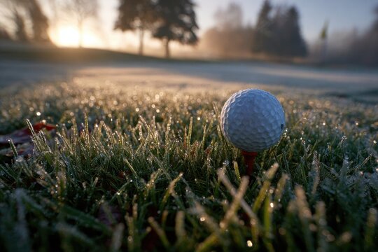 Golden morning light illuminates a golf ball on a tee with frosty grass.