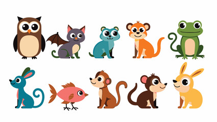 Naklejka premium Colorful flat vector cartoon animal silhouettes collection – cute wild, domestic, aquatic, jungle, fantasy, and forest animals in minimalist kid-friendly style on white background