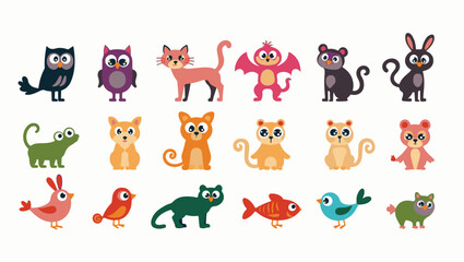 Obraz premium Colorful flat vector cartoon animal silhouettes collection – cute wild, domestic, aquatic, jungle, fantasy, and forest animals in minimalist kid-friendly style on white background