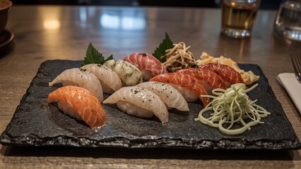 A beautifully arranged sushi platter on a black slate plate, featuring colorful pieces of nigiri, sashimi, and maki rolls, garnished with pickled ginger,