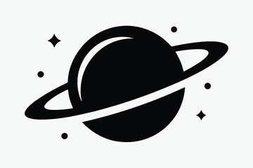 Black and White Planet Icon with Ring Around Orbit and Scattered Stars on Clear Background Astronomy Concept