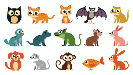 Obraz premium Colorful flat vector cartoon animal silhouettes collection – cute wild, domestic, aquatic, jungle, fantasy, and forest animals in minimalist kid-friendly style on white background
