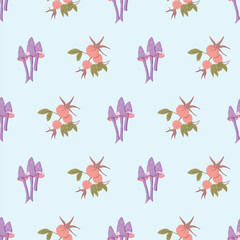 Whimsical Forest Seamless Vector Pattern with Mushrooms, Leaves and Woodland Animals