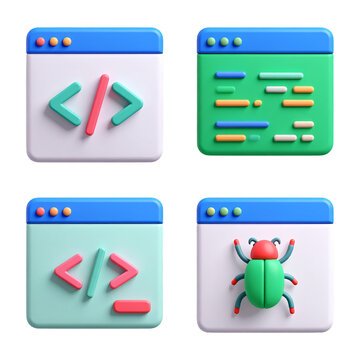 3D Rendered Icons Set for Web Development, Programming, and Debugging Concepts