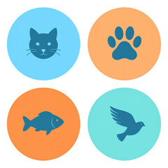 Fototapeta premium Set of four minimalist animal icons: cat, paw print, fish, and bird.