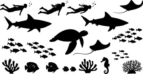 Fototapeta premium a monochrome silhouette illustration of marine life, featuring sharks, divers, turtles, stingrays, various fish schools, seahorse, and coral, set against a white background.