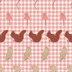 Whimsical Forest Seamless Vector Pattern with Mushrooms, Leaves and Woodland Animals