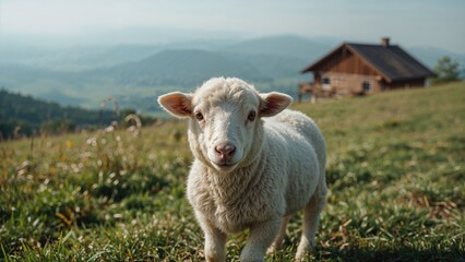 Fototapeta premium A charming lamb in a rustic setting with greenery and wooden elements