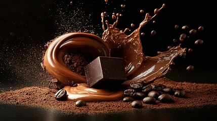 Melted chocolate and coffee beans on cocoa powder.