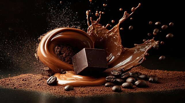 Melted chocolate and coffee beans on cocoa powder.