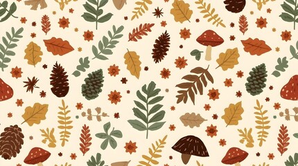 Seamless Pattern of Fall Mushrooms, Leaves, and Forest Elements