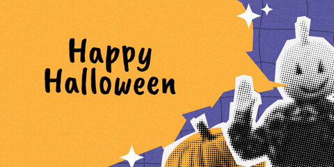 happy halloween halftone collage banner. grunge modern cut out elements. ripped paper style, dotted illustration. trendy holiday background with pumpkin