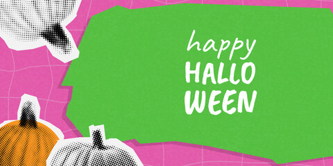 halloween halftone collage banner. grunge modern cut out elements. ripped paper style, dotted illustration. trendy holiday background with pumpkin