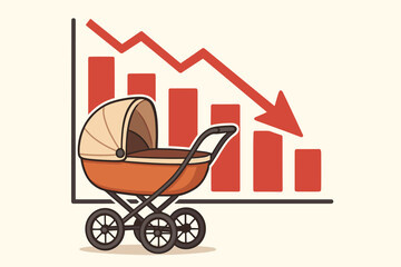Declining birth rate concept. Baby stroller against falling bar chart with red down arrow. Low fertility crisis, population aging and demographic decline metaphor. Vector illustration.