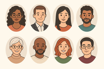 Multicultural diverse people avatar set in oval frames, smiling man and woman faces of various ages and ethnicities, flat vector head illustration for profile, social media icons