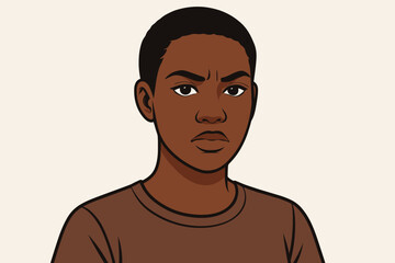 Fototapeta premium Serious African American woman portrait vector – head & shoulders illustration of black female with short buzz cut hair, stern focused eyes, casual brown tee, diversity concept