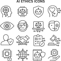 AI Ethics Line Icon Set – Artificial Intelligence and Technology Responsibility Symbols