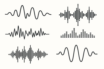Black audio waveforms and equalizer bar set on white background, abstract sound frequency curves, voice spectrum icons, music amplitude lines, minimal isolated vector collection