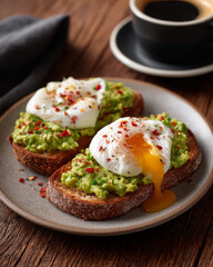 Creamy avocado toast topped with poached eggs and chili flakes, served with coffee