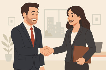 Corporate partnership handshake between smiling businessman and businesswoman in suits, office meeting, successful deal agreement, recruitment networking, vector illustration