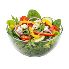 Colorful and Fresh Garden Salad with Feta Cheese in a Glass Bowl on Transparent Background