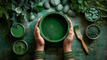 A pair of hands holding a can of green paint in a monochromatic green top-down scene with objects related to painting