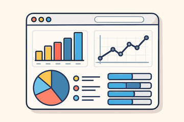 Business analytics dashboard in browser window with bar chart, line graph, pie diagram, progress bars, flat vector illustration for data analytics, statistics report, infographics