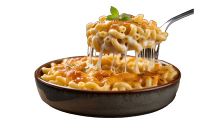 Delicious cheesy macaroni pasta with melted cheese stretching from spoon