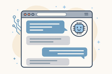 Artificial intelligence chat bot. Web browser with AI chat on screen. Vector cartoon illustration. Online support, virtual assistant, technology communication concept design.