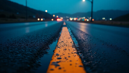A wet road with a yellow line, reflecting lights from distant cars and street lamps, under a dark, mountainous sky.