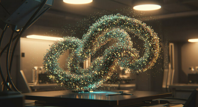 Advanced technology concept with a glowing particle structure being assembled in a futuristic scientific research facility.