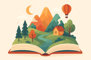 Open book with fantasy landscape illustration. Imagination, storytelling, and reading concept. Escape to a dream world with mountains, river, house, and hot air balloon.