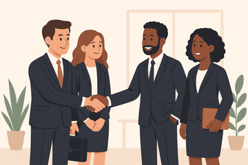 Business partnership handshake. Diverse teams making a deal and agreement in the office. Corporate collaboration and success. Working together concept. Vector illustration.