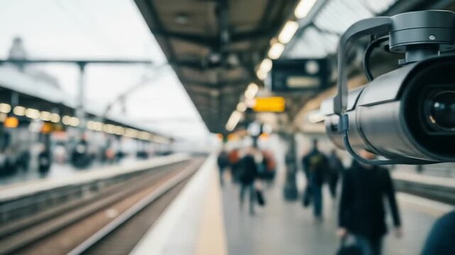 Close-up of a PTZ surveillance camera rotating on a train station platform in daylight. Captured with high clarity and shallow depth, showcasing public safety and transportation security themes.