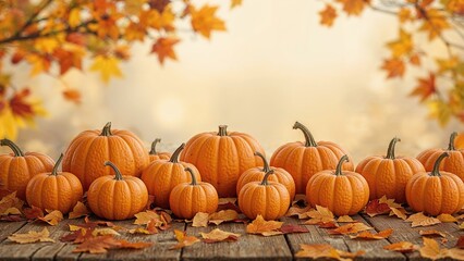 Wooden Table Decorated with Autumn Pumpkins for Thanksgiving